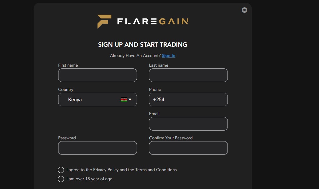 FlareGain Sign-Up Page